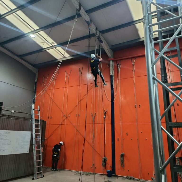 Profesionales realizando trabajos de limpieza y mantenimiento en altura con técnicas de seguridad y acceso por cuerdas.